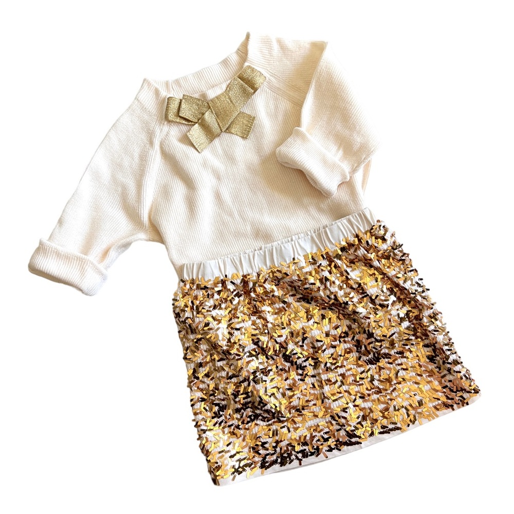 J. CREW Kids CREWCUTS Cream with Gold Bow Cotton Ribbed Sweater Sz 6-7 - Picture 2 of 11